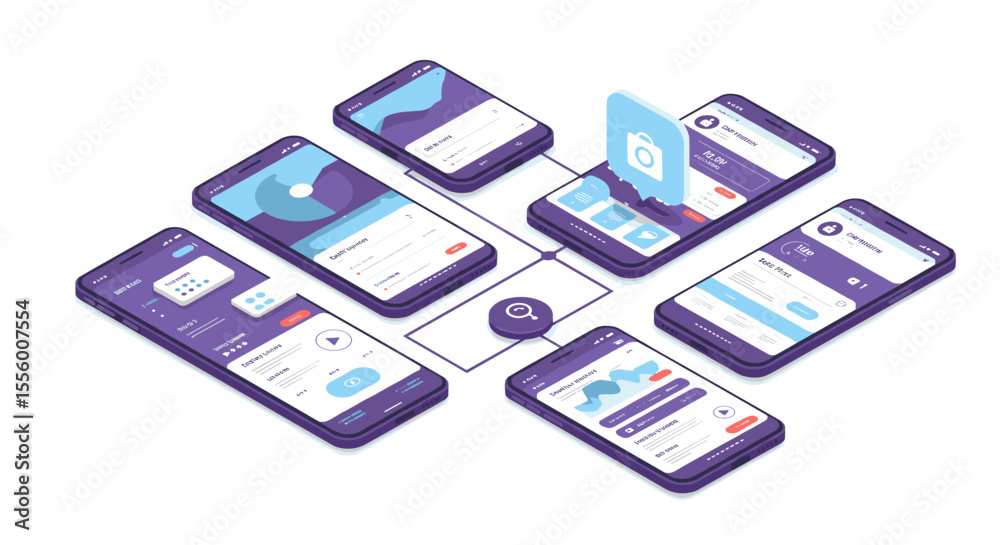 Poster futuristic mobile app ui design vector illustration for digital development and user experience conc