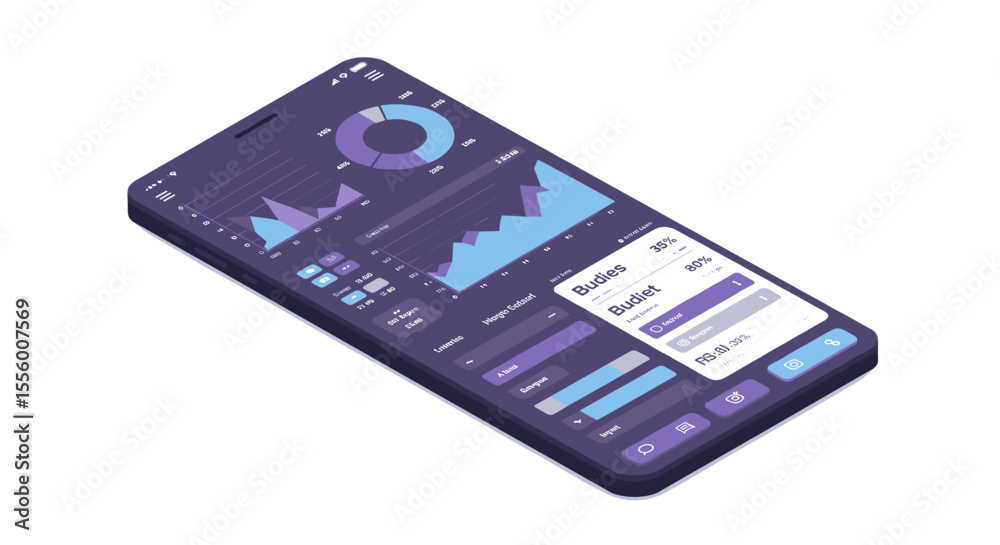Poster mobile data analytics dashboard vector illustration for app design in isometric style