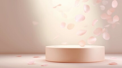 Pastel round podium with floating translucent petals on soft gradient background. Dreamy, minimalist scene with airy atmosphere and generous copy space, ideal for beauty, branding, or product display.