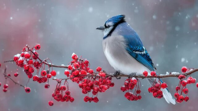 A vibrant blue jay is seen resting on a snowy branch adorned with bright red berries. Snowflakes gently fall in a picturesque winter setting, creating a tranquil atmosphere