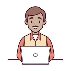 Male Using Laptop: A cheerful male character is depicted with a warm smile as he works attentively on a laptop, capturing a sense of focused productivity and engagement.