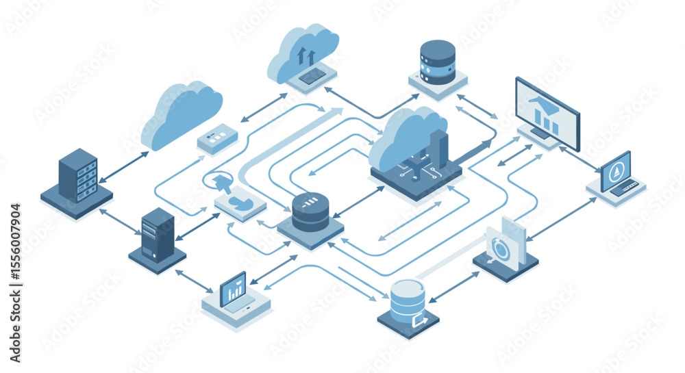 Poster cloud computing network diagram vector illustration - isometric style for digital infrastructure and