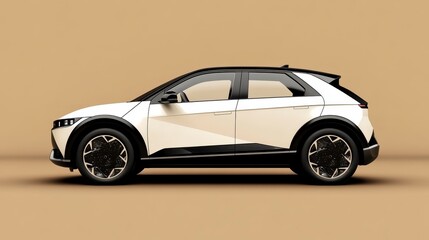 Eco-friendly car icon on soft beige background, detailed design positioned on right side of canvas, modern and sustainable concept