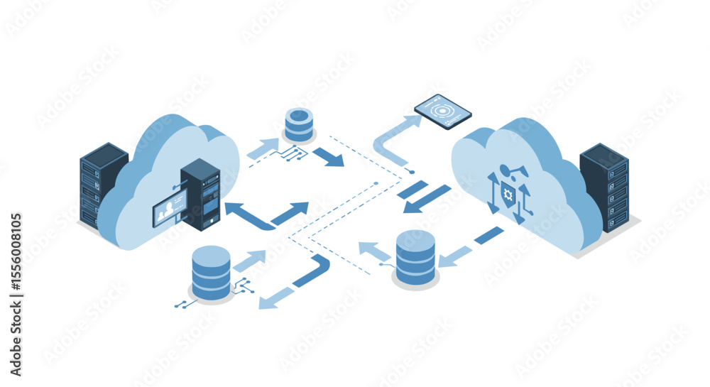 Poster cloud computing network diagram vector illustration for it infrastructure design in isometric style