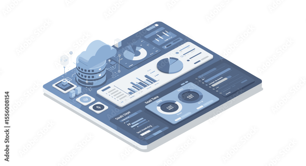 Poster isometric cloud computing dashboard vector illustration for data analysis design