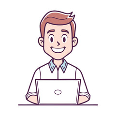 Young Professional Working on Laptop: An illustration of a cheerful young professional sitting in front of his laptop.