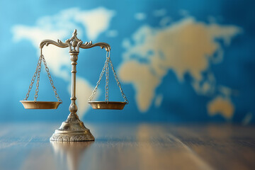 Concept of world justice with legal scales over international map background