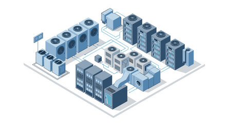 Fototapeta premium Isometric data center cooling system vector illustration for tech design