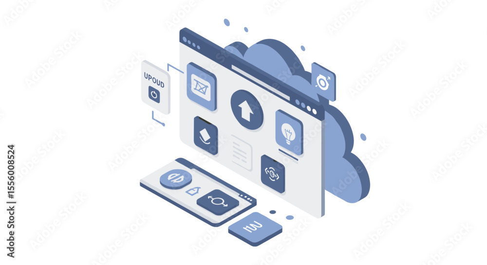Poster cloud technology interface vector illustration - isometric design for tech app and web development