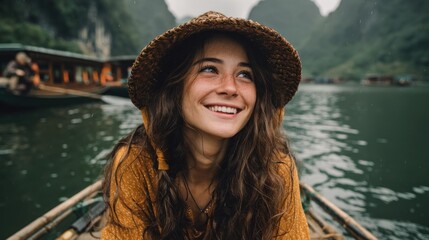 Enchanting Ha Long Bay Journey: Portrait of a Smiling Woman in Traditional Hat