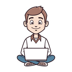 Smiling Man with Laptop: A cheerful cartoon depicts a man joyfully working on a laptop, symbolizing modern technology and user engagement. 