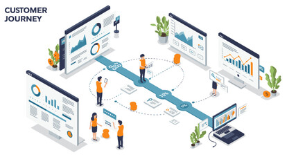 Customer journey analysis: flat isometric vector illustration for digital marketing design