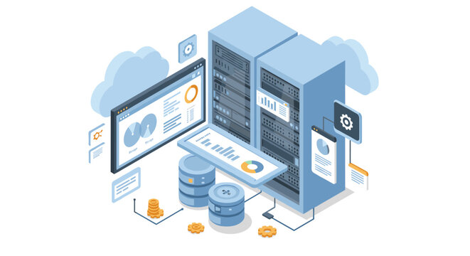 Data center technology in isometric vector illustration for it solutions and digital infrastructure design