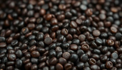 Fototapeta premium Close-up of dark, shiny beluga lentils; small, round, and tightly clustered, dark background, dark