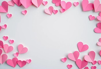 Delicate pink paper hearts form a romantic frame, ideal for Valentine's, weddings, or heartfelt messages, texture, frame