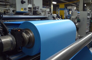 A large roll of vibrant blue non-woven fabric glides smoothly through industrial machinery, showcasing the precision and scale of modern textile