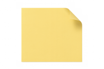 Blank yellow sticky note with curled corner on a transparent background, creating a simple yet effective space for messages or reminders