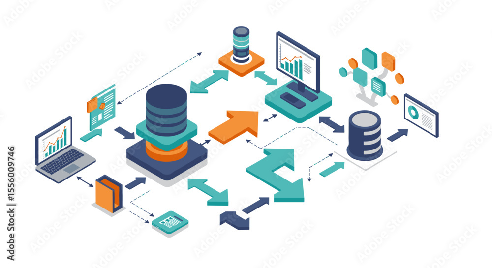 Poster database management system workflow vector illustration for it design, flat isometric style