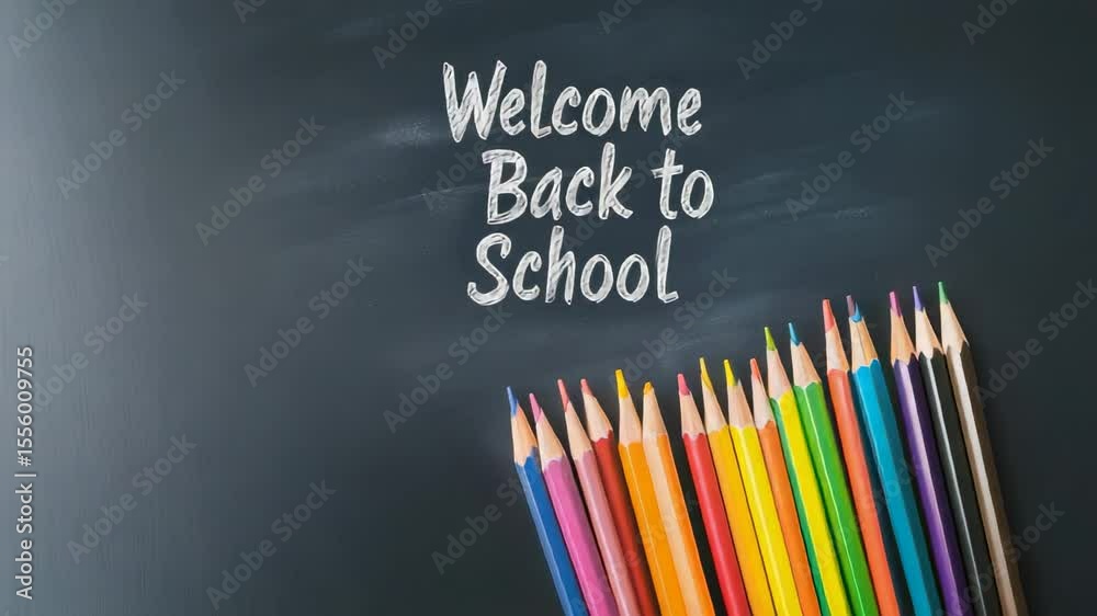 Poster colorful pencils lying on blackboard with welcome back to school message written with chalk represen