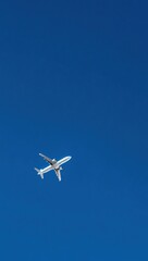 Obraz premium A lone airplane soars gracefully across a vibrant, azure sky, a breathtaking symbol of freedom and travel.
