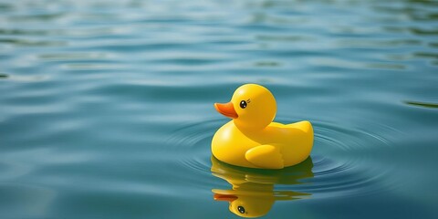 Sunny yellow rubber duck afloat on calm blue water, serene nature backdrop,  happiness,  joy