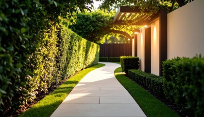 Serene Garden Pathway with Sculpted Hedges and Golden Hour Illumination