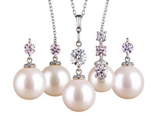 White pearl and pink diamond jewelry set with silver accents, isolated on transparent background PNG