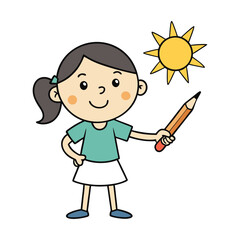 A Young Artist's Imagination: A smiling girl in a colorful, simple design pointing with a pencil towards a radiant sun, representing creativity and the joy of drawing.