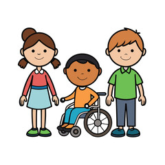 Happy Diverse Children: A cheerful illustration depicting three children—a girl, a boy, and a boy in a wheelchair—standing together, symbolizing inclusion and friendship.