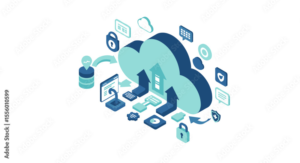 Poster cloud computing technology concept and data integration vector illustration for digital solutions in