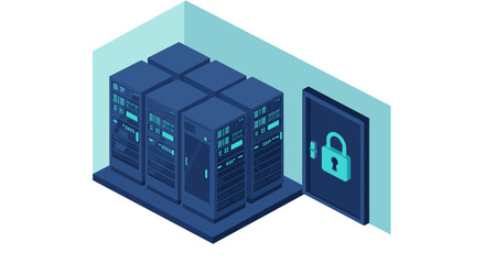 Data security in server room vector illustration for technology themed designs in isometric style