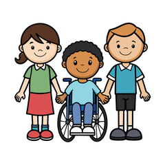 Support and Friendship: A heartwarming illustration of children standing united, embracing a child in a wheelchair, highlighting inclusivity and the spirit of community.
