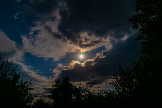 Sky landscape with clouds in moonlight. Moon in the night sky above the trees