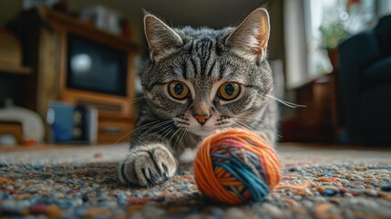 Gray tabby cat playing with yarn ball