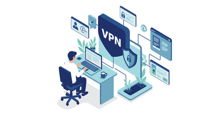 Cybersecurity vpn concept vector illustration for office networks in isometric style