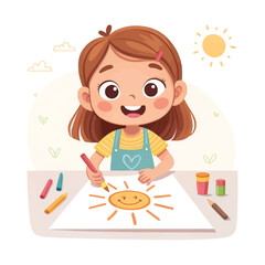 Creative Joy: A Young artist immersed in her creative world, sketching a smiling sun on a piece of paper with colorful crayons. Capturing the essence of imagination and the joy of artistic expression.