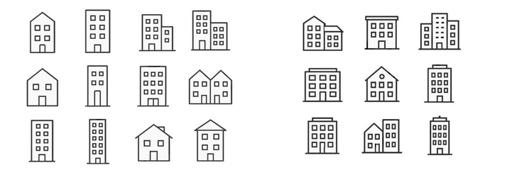 Collection of simple building outlines showcasing various architectural styles and designs