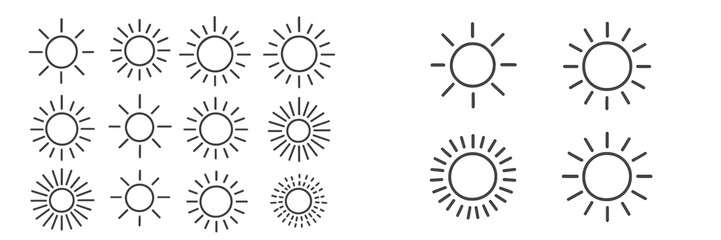 Different styles of sun illustrations showcasing various brightness and rays displayed in a structured arrangement
