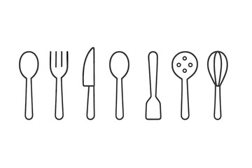 Utensils arranged in a row showcasing essential kitchen tools for cooking and dining