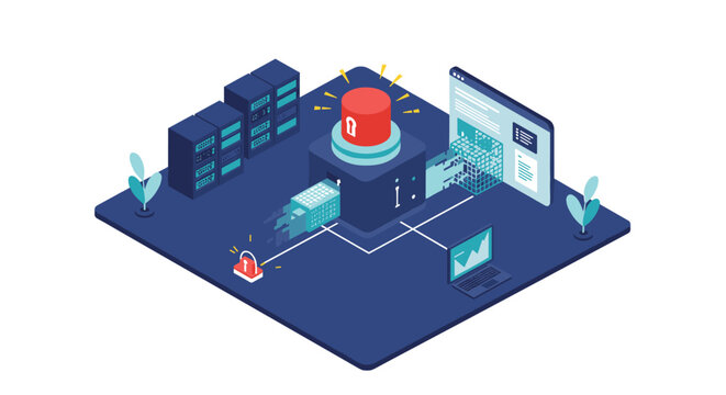 Cybersecurity alert system vector illustration: isometric design for tech poster
