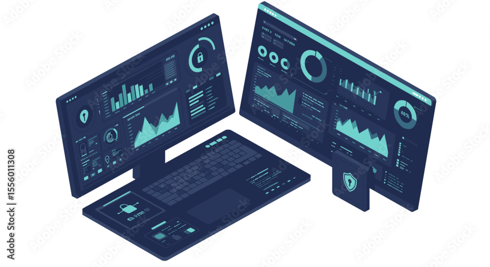 Poster cybersecurity modern control center vector illustration for data analysis and network monitoring in 