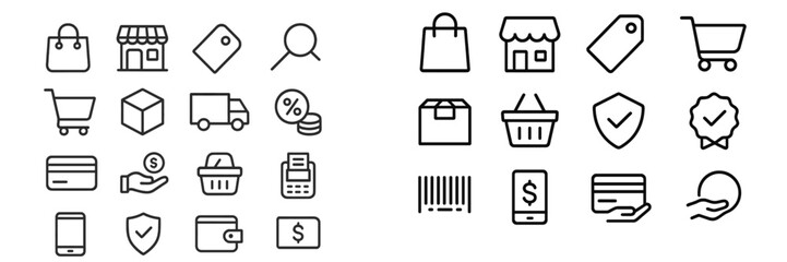 Collection of shopping and payment icons showcasing various retail activities and services in a minimalistic style