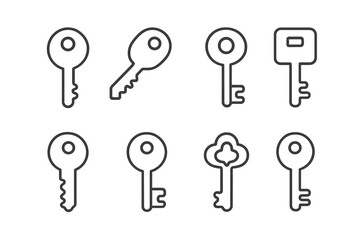 Various minimalistic key designs showcasing different shapes and sizes for artistic or illustrative purposes in a simple layout