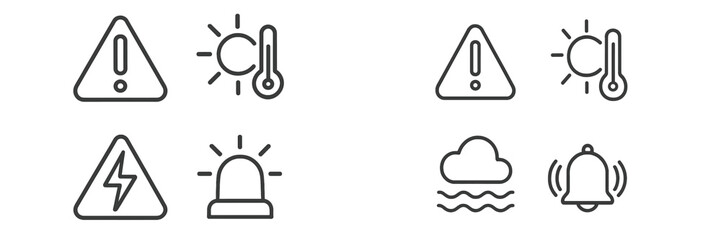 Weather warning symbols indicating temperature, lightning, and alerts for environmental conditions