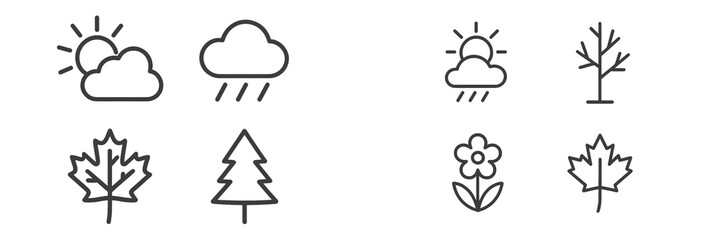 Weather symbols representing sun, rain, clouds, trees, and flowers illustrated in a simple, minimalistic style