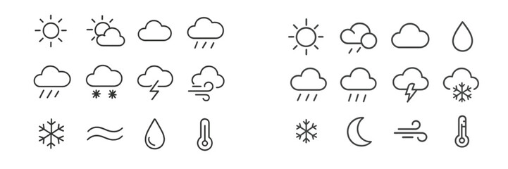 Various weather icons illustrating sun, rain, clouds, snow, wind, and temperature in a clear graphic design format