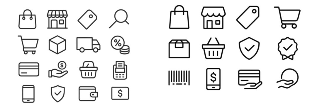 Collection of shopping and payment icons showcasing various retail activities and services in a minimalistic style