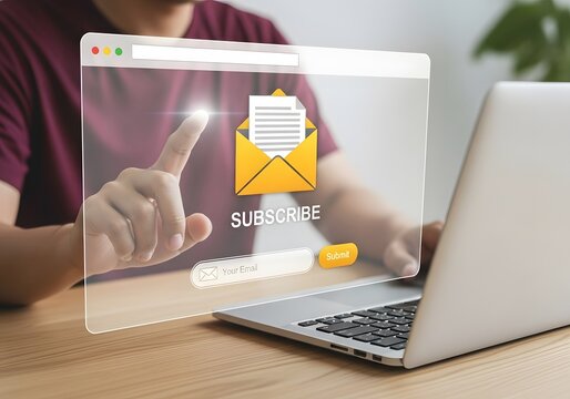 Email marketing concept, Subscription to newsletter, news, offers and promotions. Person using computer laptop.
