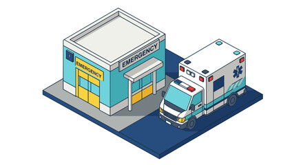 Isometric vector illustration of a hospital emergency center and ambulance for medical graphics and design