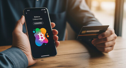 A man holding a smartphone displaying Bitcoin wallet balance alongside a credit card, representing cryptocurrency trading, blockchain finance, and digital investment. Great for use in crypto platforms